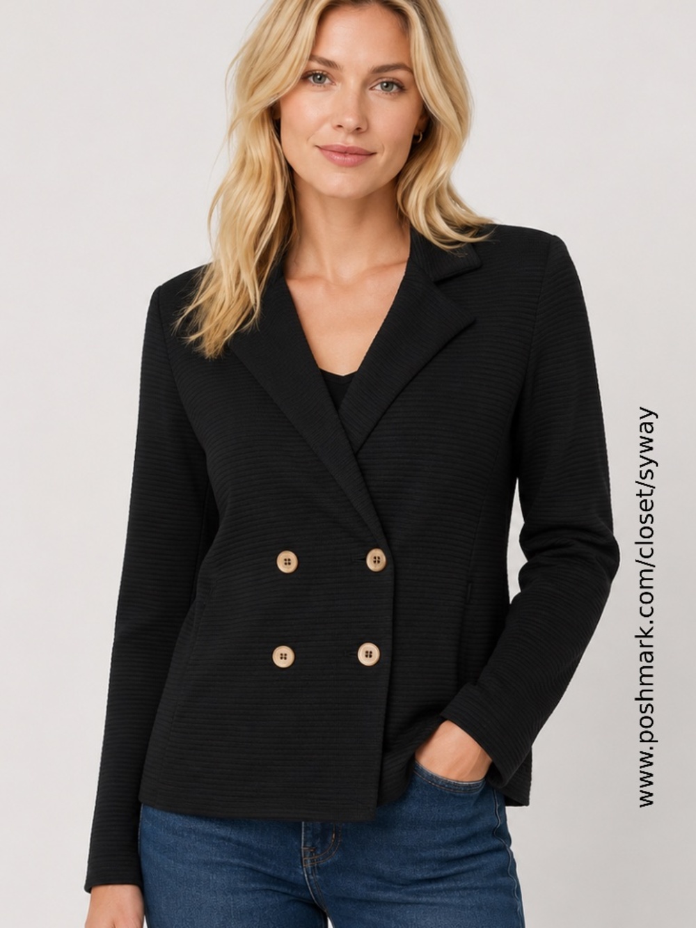 Short Double-Breasted Black Knit Rowan Blazer Jacket